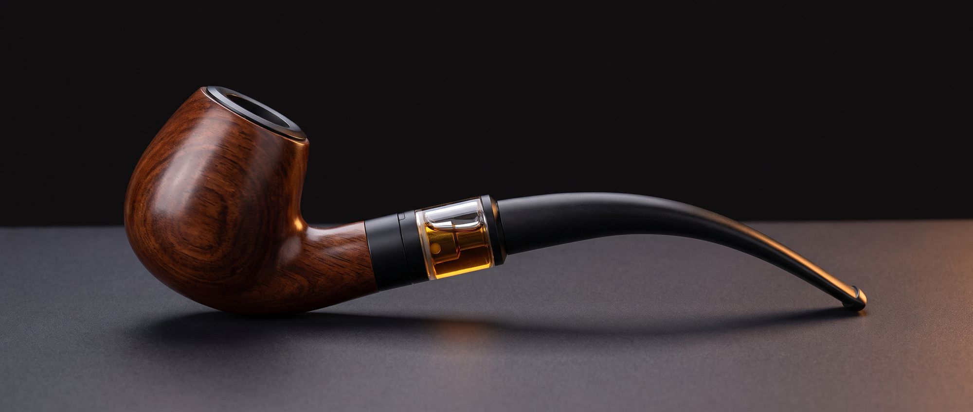 Electronic pipe with a polished wood bowl, small glass e-liquid tank and curved black stem on a dark studio surface
