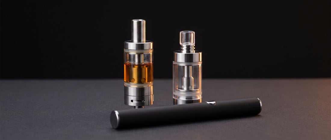 Two clearomizer vape pen tanks standing beside a slim black pen battery on a dark studio surface