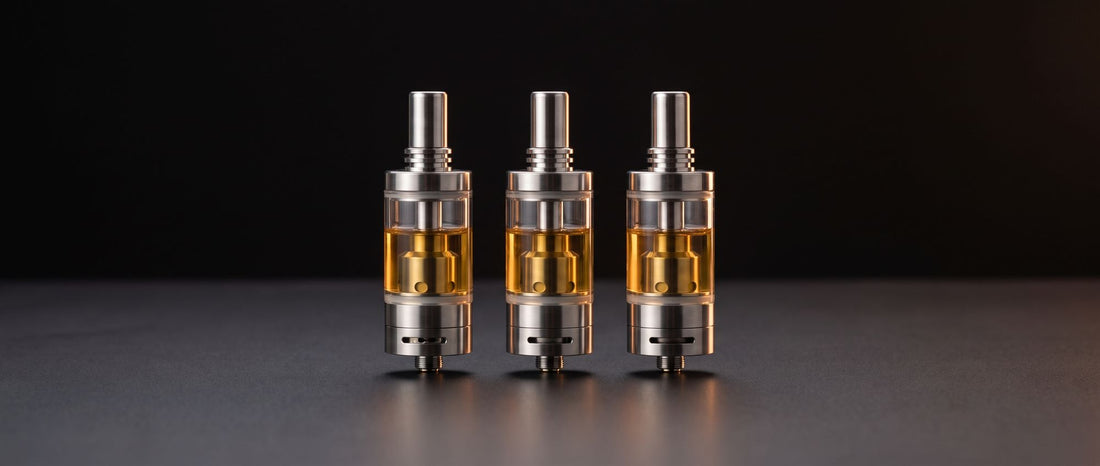 Three pen-style clearomizer tanks with glass bodies and stainless steel bases on a dark studio background