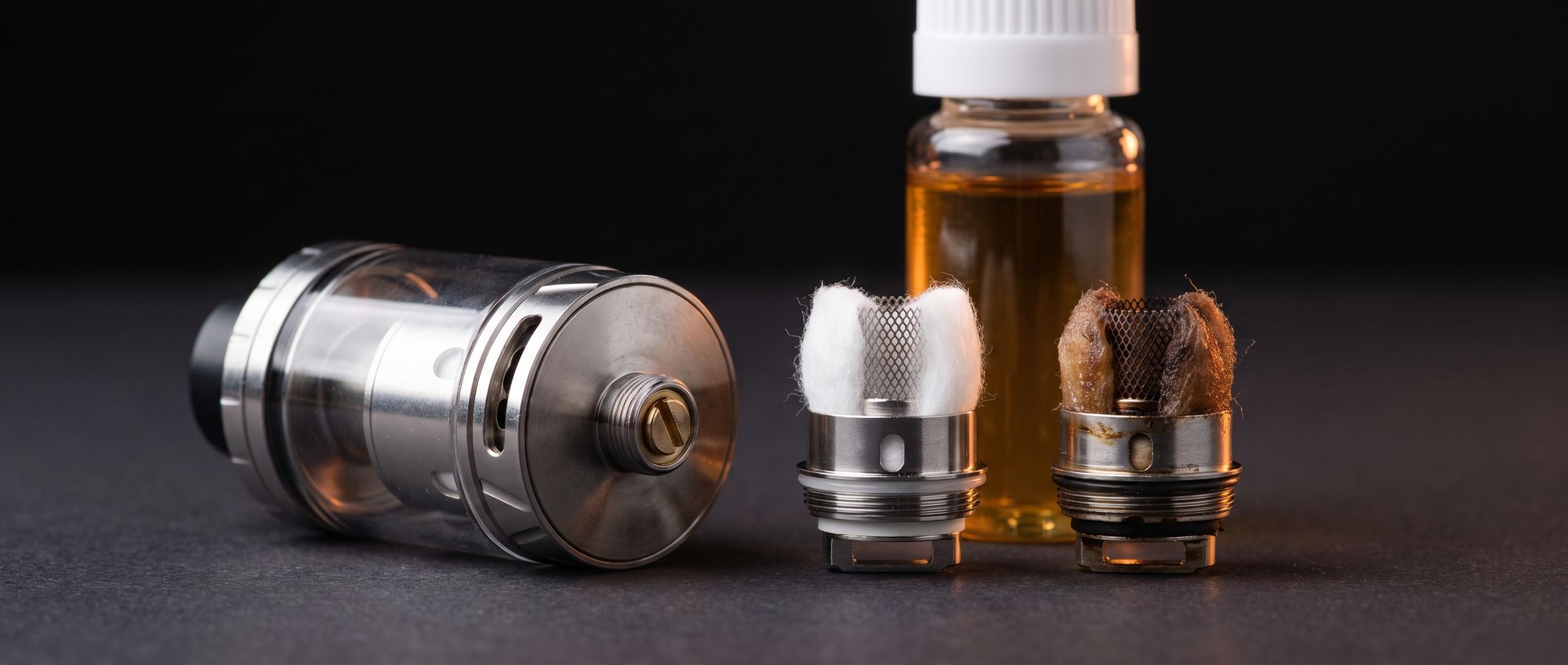 Sub-ohm vape tank lying beside a fresh mesh coil head with clean white cotton and a used coil head with scorched brown cotton, an e-liquid bottle behind them on a dark studio surface