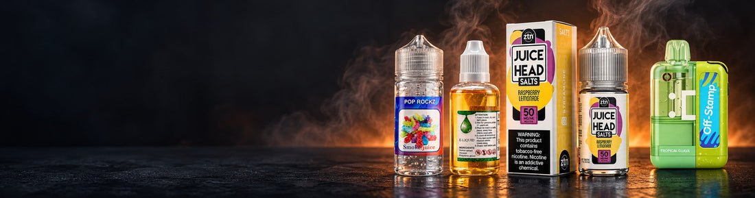 Salt nic vs freebase: SmokEjuice and DeKang freebase e-liquid bottles beside a nic salt e-liquid and a Geek Bar Pulse X 2 salt nic disposable