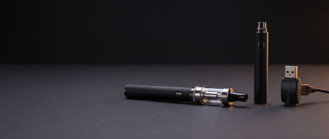 Pen-style eGo vape kit on a dark studio surface: two slim black pen batteries, a glass clearomizer tank, and a USB charger