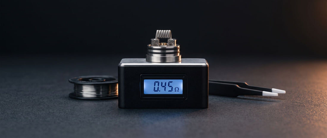 Digital ohm reader displaying 0.45 ohms with a rebuildable atomizer deck and wrapped coil on top, beside a spool of resistance wire and ceramic tweezers