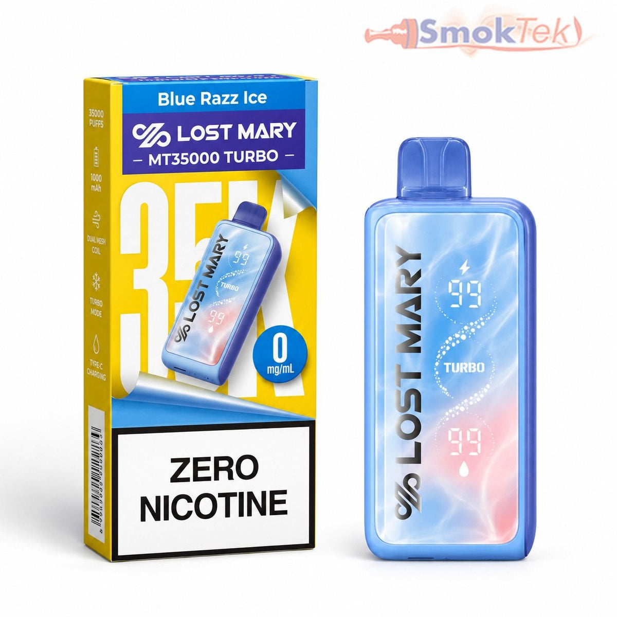 Lost Mary MT35000 Zero Nicotine disposable vape in Blue Razz Ice with retail box