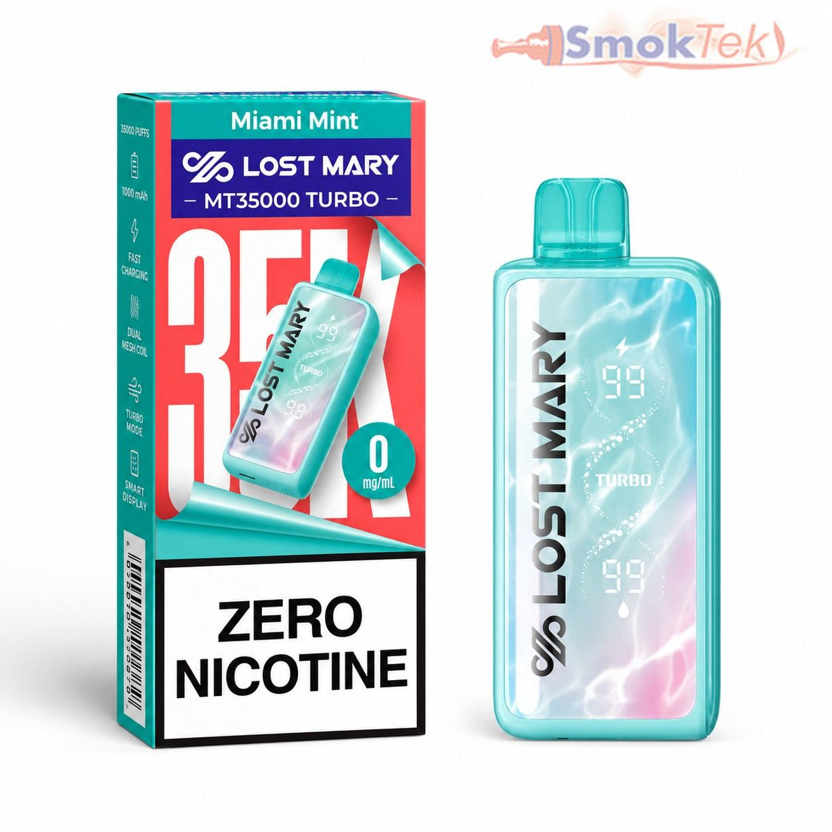 Lost Mary MT35000 Zero Nicotine disposable vape in Miami Mint with retail box