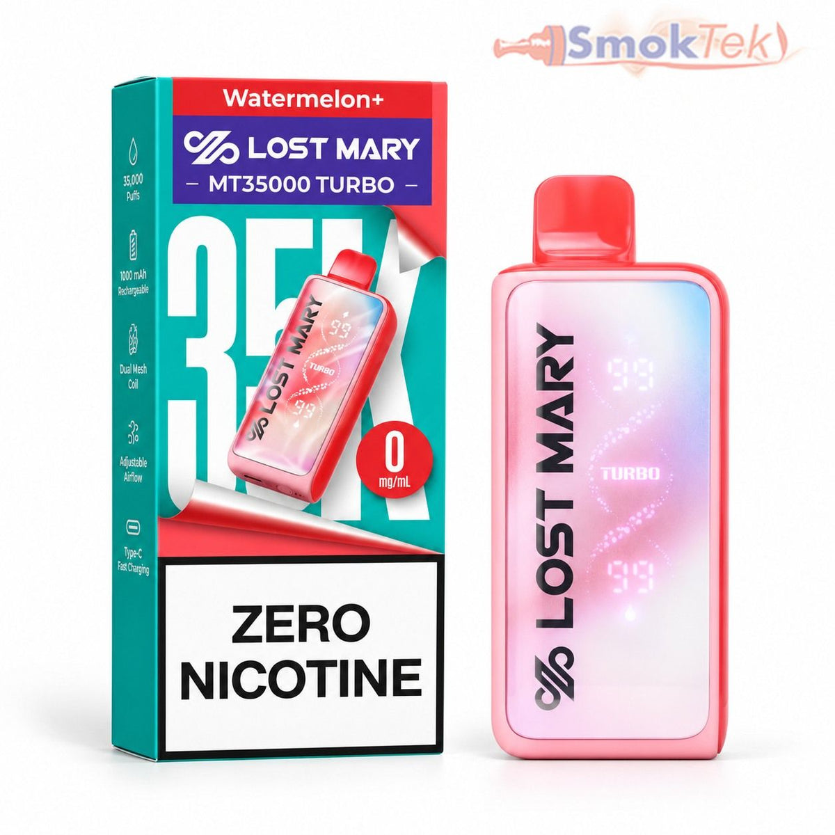 Lost Mary MT35000 Zero Nicotine disposable vape in Watermelon with retail box