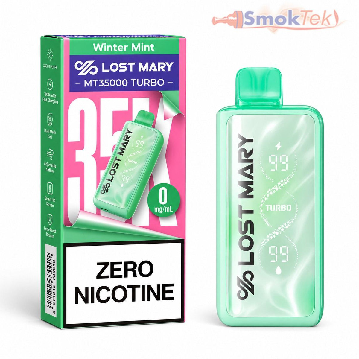 Lost Mary MT35000 Zero Nicotine disposable vape in Winter Mint with retail box